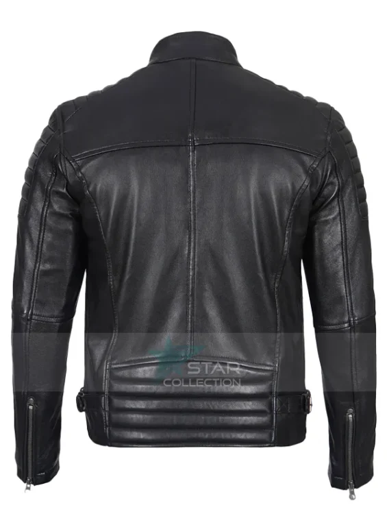 Black Cafe Racer Leather Jacket With Padded Shoulders