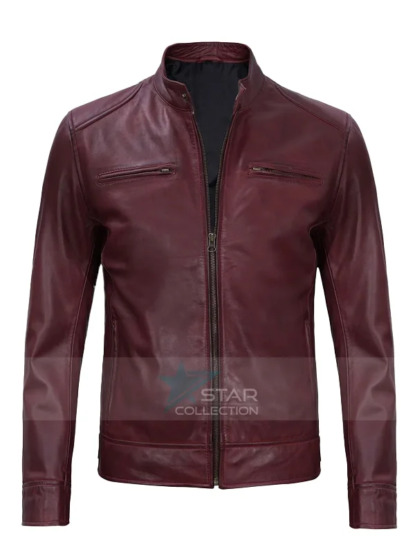 Dodge Mens Maroon Cafe Racer Jacket