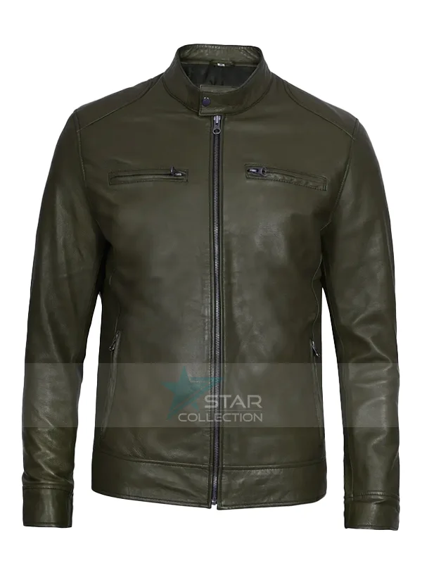 Dodge Military Green Cafe Racer Leather Jacket