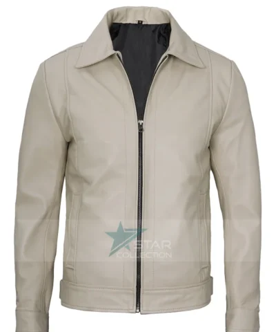 Men Beige Vintage Leather Jacket