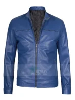 Mens Blue Cafe Racer Leather Jacket