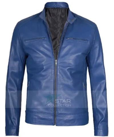 Mens Blue Cafe Racer Leather Jacket