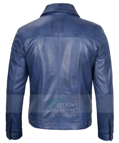 Mens Blue Trucker Leather Jacket