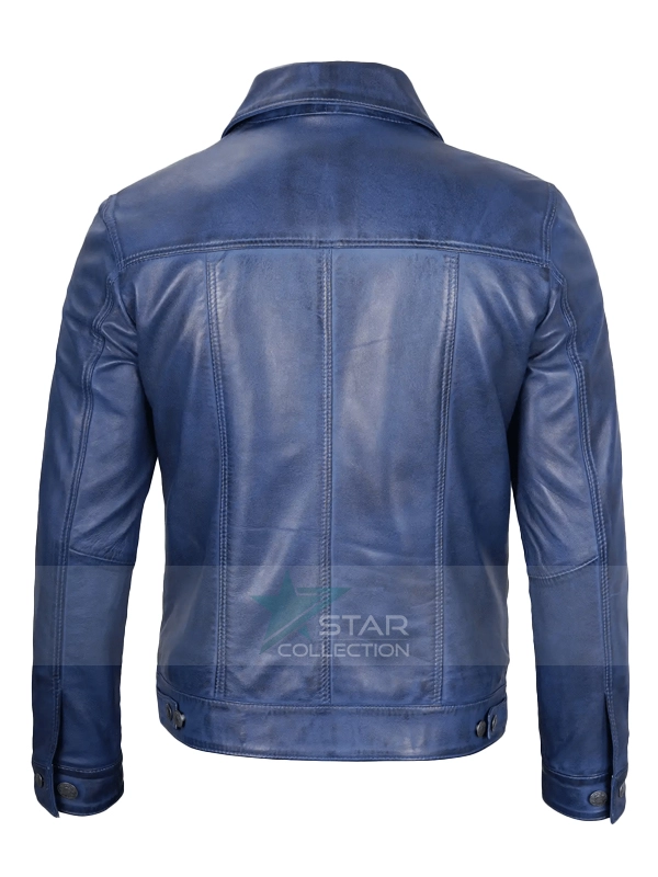 Mens Blue Trucker Leather Jacket