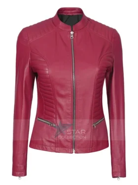 Womens Pink Cafe Racer Leather Jacket