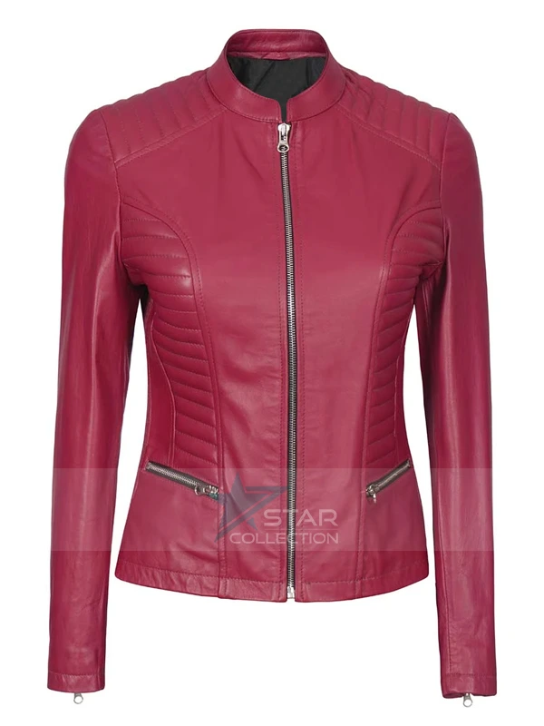 Womens Pink Cafe Racer Leather Jacket