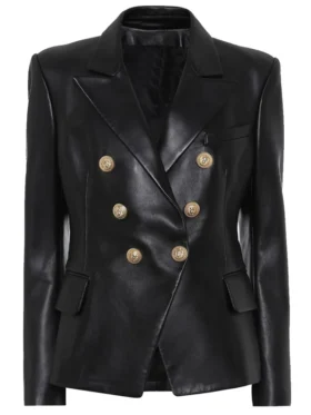 Kim Kardashian Inspired Double Breasted Black Leather Blazer