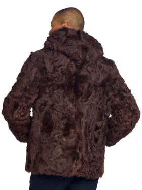 Mens Brown Shearling Coat with Hood