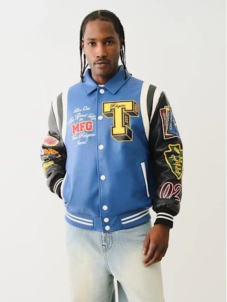 True Religion Mens Faux Leather Varsity Jacket with Embroidery