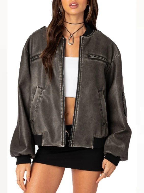 Womens Washed Faux Leather Bomber Jacket